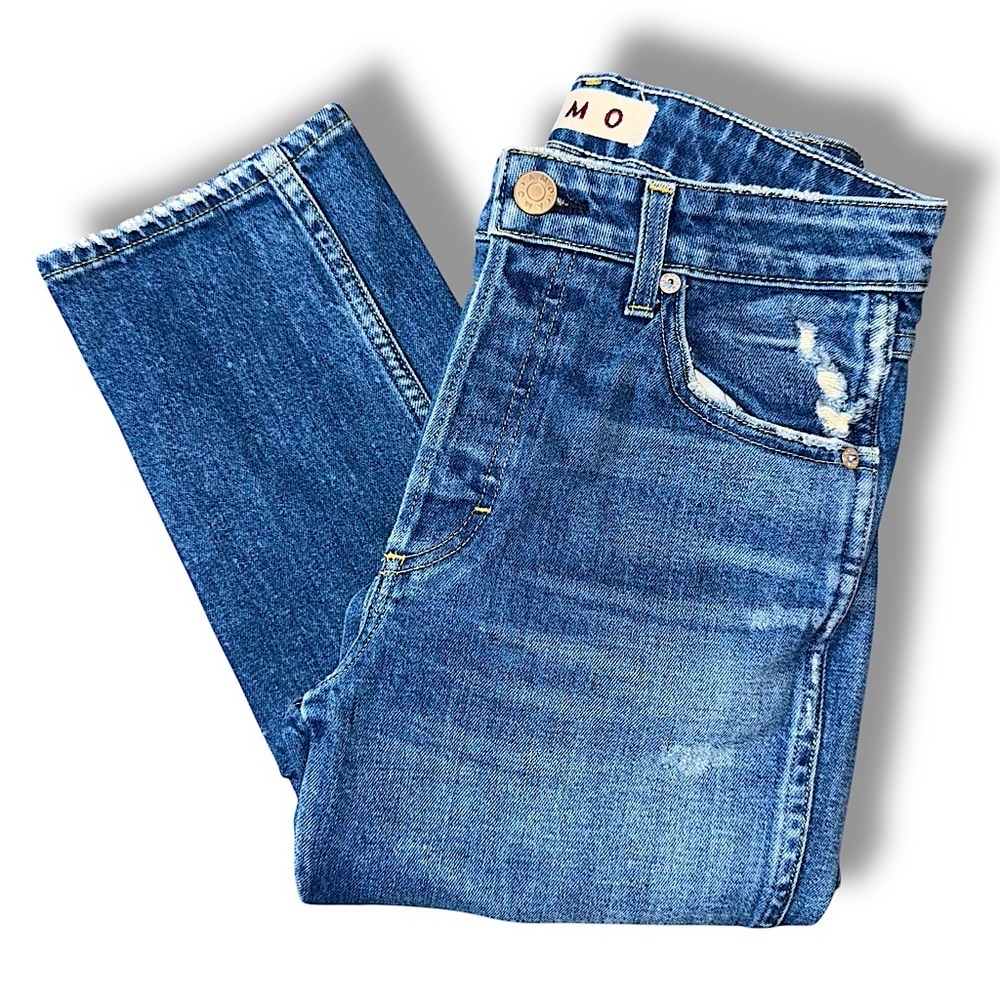 AMO Medium Blue Distressed Ankle Crop Jeans